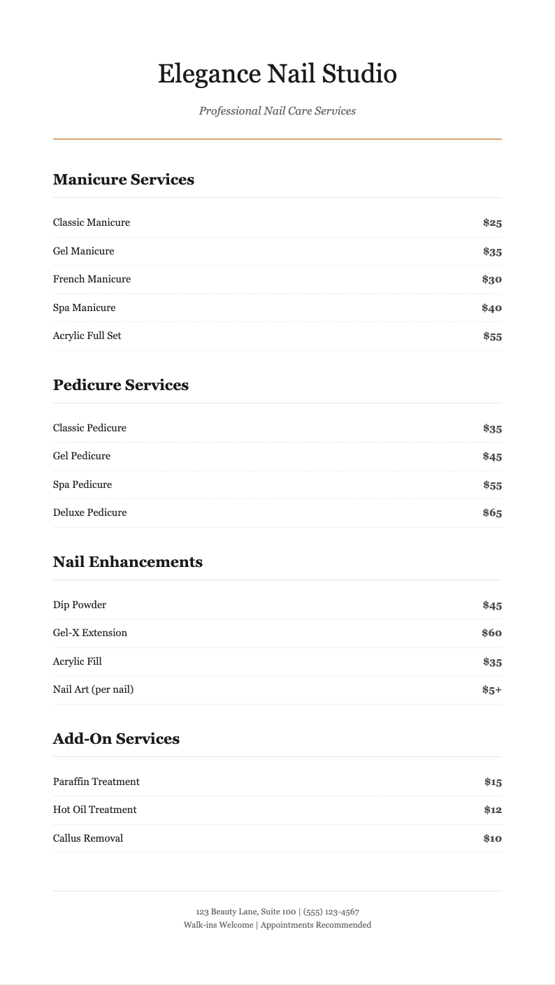 Classic professional nail price list